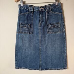 Genuine Y2K Gap Denim Midi Skirt Flap Pockets SZ 4 Med Wash Stretch